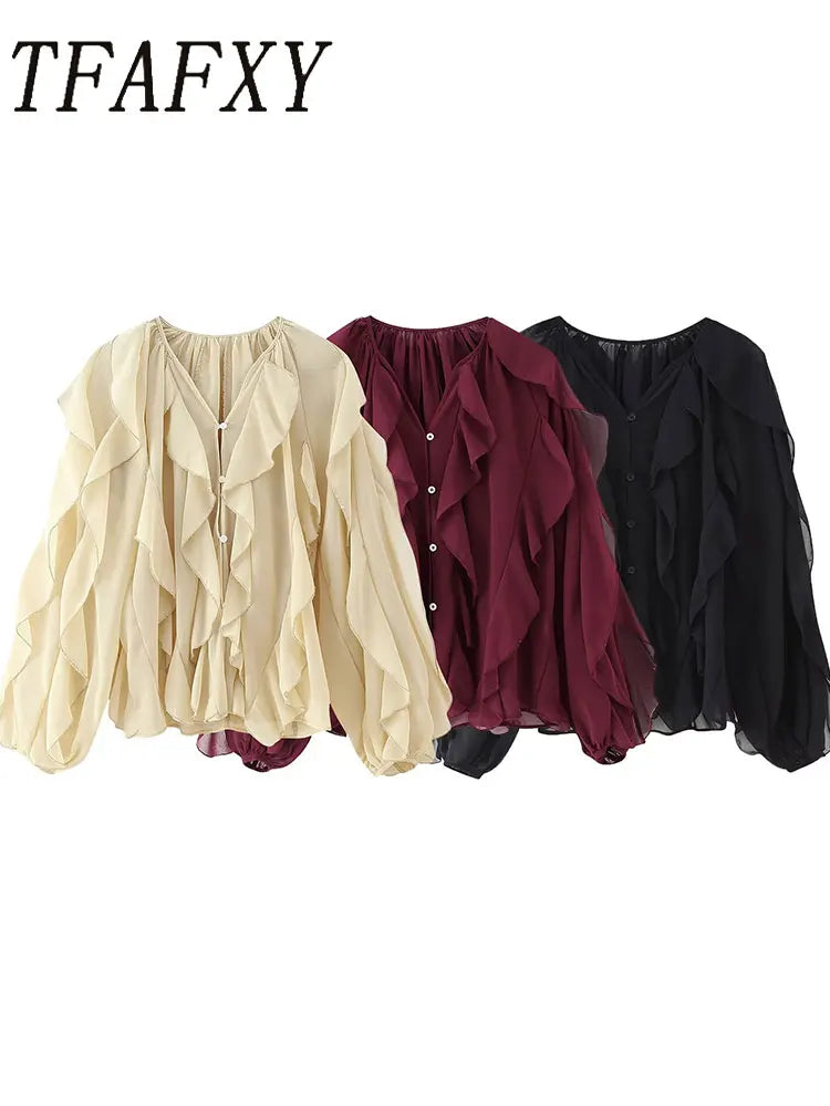 Camisa feminina casual com babados, solta, com cadarço, decote em V, blusas femininas para primavera de 2025