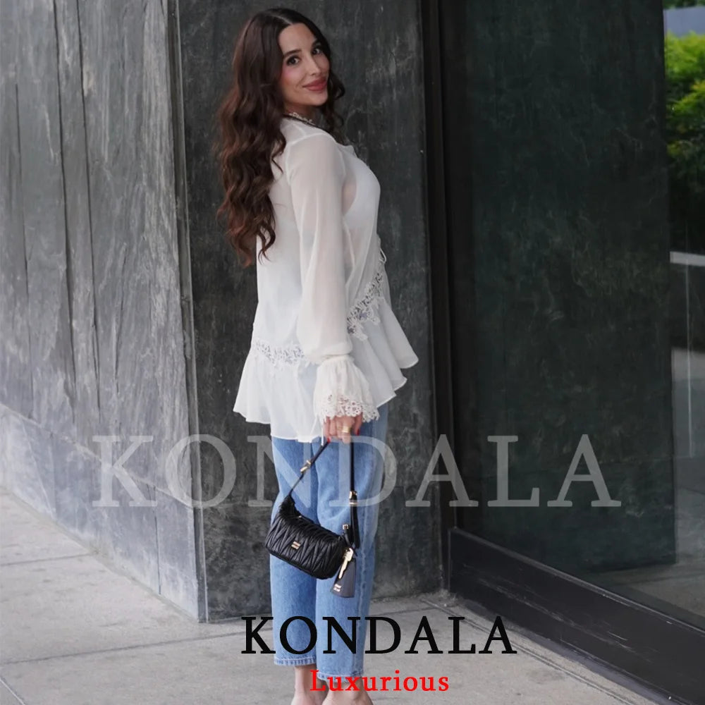 KONDALA Sexy Chiffon Transparent Women Blouses Bow Tie Patchwork Loose Ruffles Shirts Fashion 2026 Summer Beach Holiday Outwear