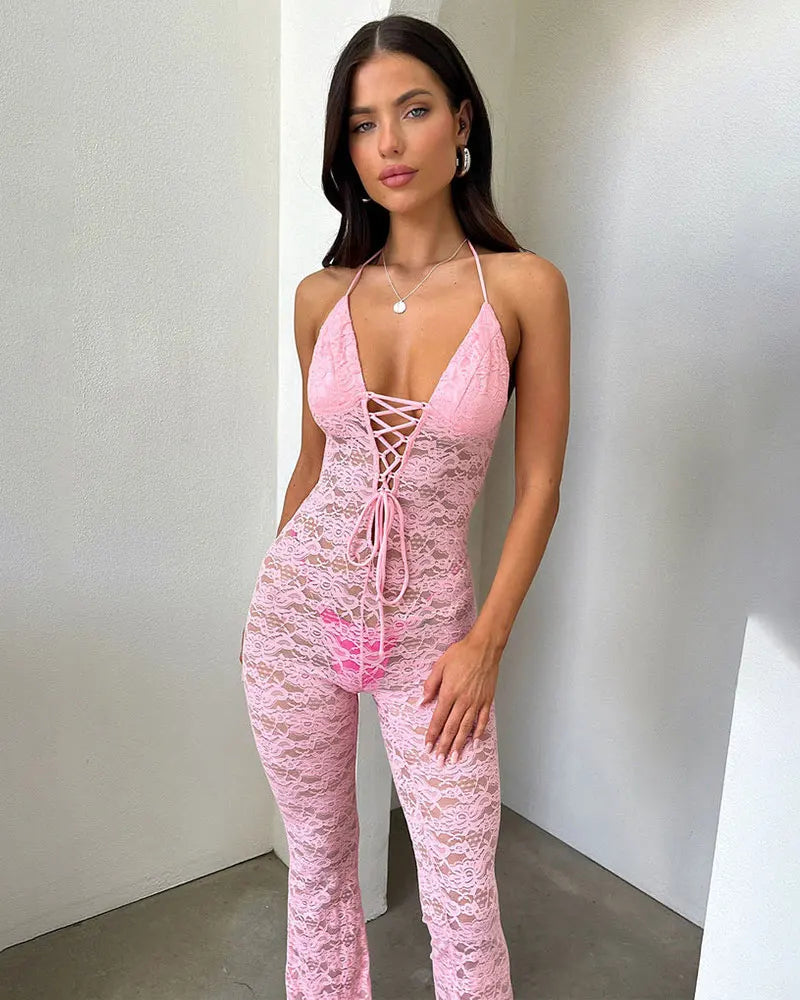 GACVGA Sexy Lace See Through Women Jumpsuit Backless Slim Streetwear Bandage Romper Lady Elegant Summer Party Nightclub Jumpsuit