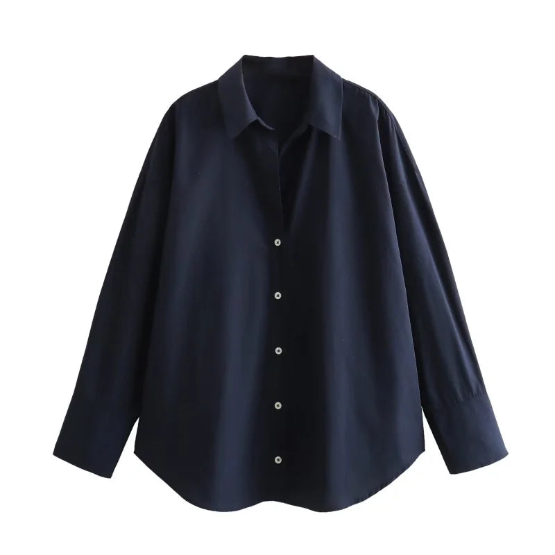 ETJ 2025 women's spring new Europe-American fashion striped long sleeve lapel loose version poplin shirt multi-color selection