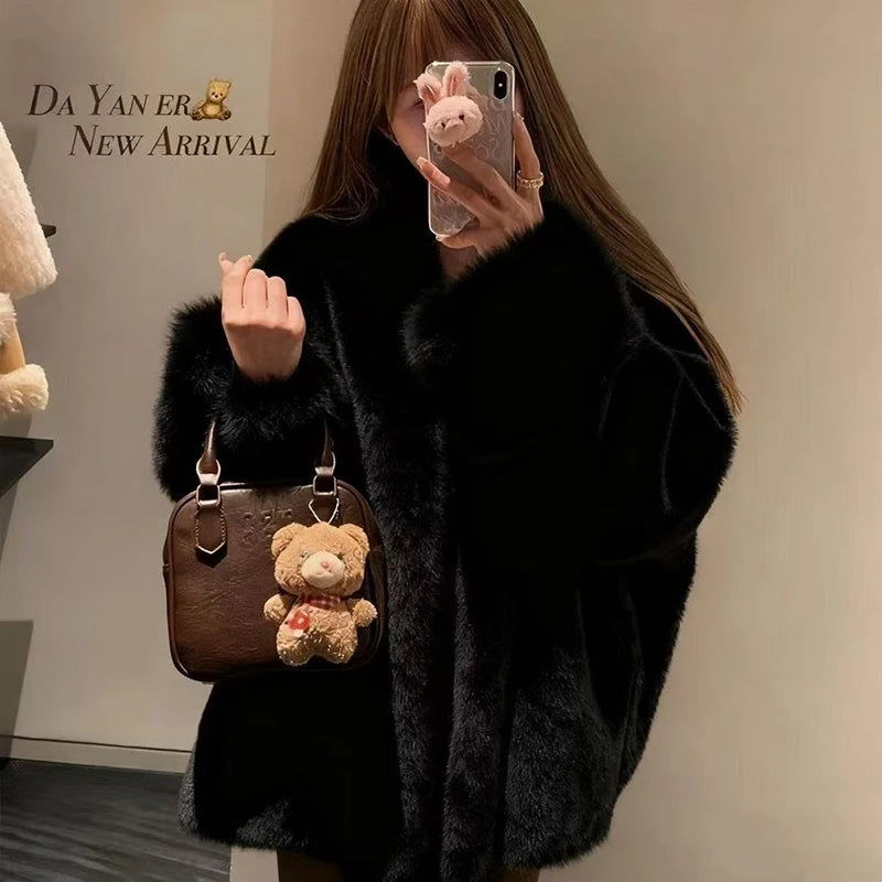 Faux Mink Fur Coat for Women Winter Thick Loose Hairy Casual Jacket Y2K Fashion Streetwear Long Sleeve Warm Fur Outerwear