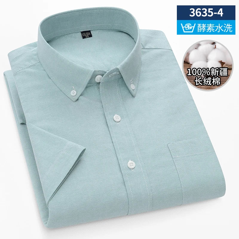 Summer High Quality 100% Cotton  Men Shirts Short Sleeve Dress Shirts Male Slim Social Business Blouse Solid Color Oxford Shirt