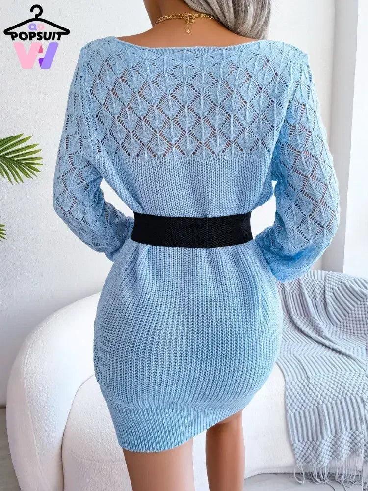 Women‘s Sexy Sweater Dress Ladies Slash Neck Knitted Jumpers Hollow Out Pullover Party Spring Mini Skirt Pink Clothes Streetwear - CRAVO ROSE