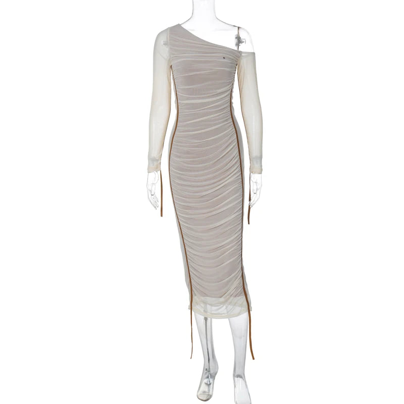 Hugcitar Mesh Solid Diagonal Collar Long Sleeve Draped Sexy See Through Bodycon Maxi Dress Summer Fashion Clothes Festival Club