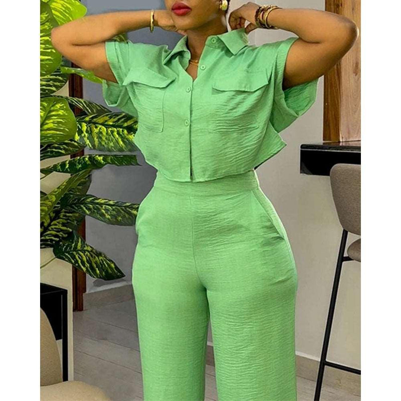 2024 Spring Summer Ensembles Femme 2Pcs Sets Suit for Women Pocket Decro Short Sleeve Shirt & Wide Leg Pants Set Two Pieces Set