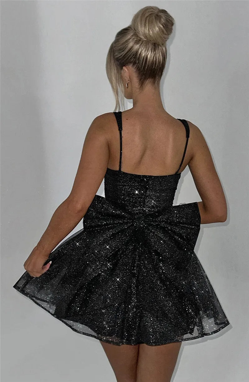 Mozision Bow Backless Sexy Mini Dress For Women Robe Spaghetti Strap Sleeveless Backless High Waist A-line Club Dress Vestido