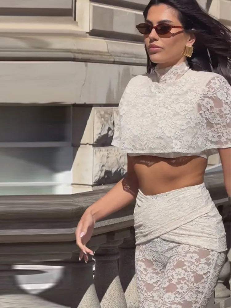 Women Floral Sheer Top Lace Two Piece Set High Neck Cape Sleeve Cropped High Waist Pants See-Through Flared Trousers Summer Wear
