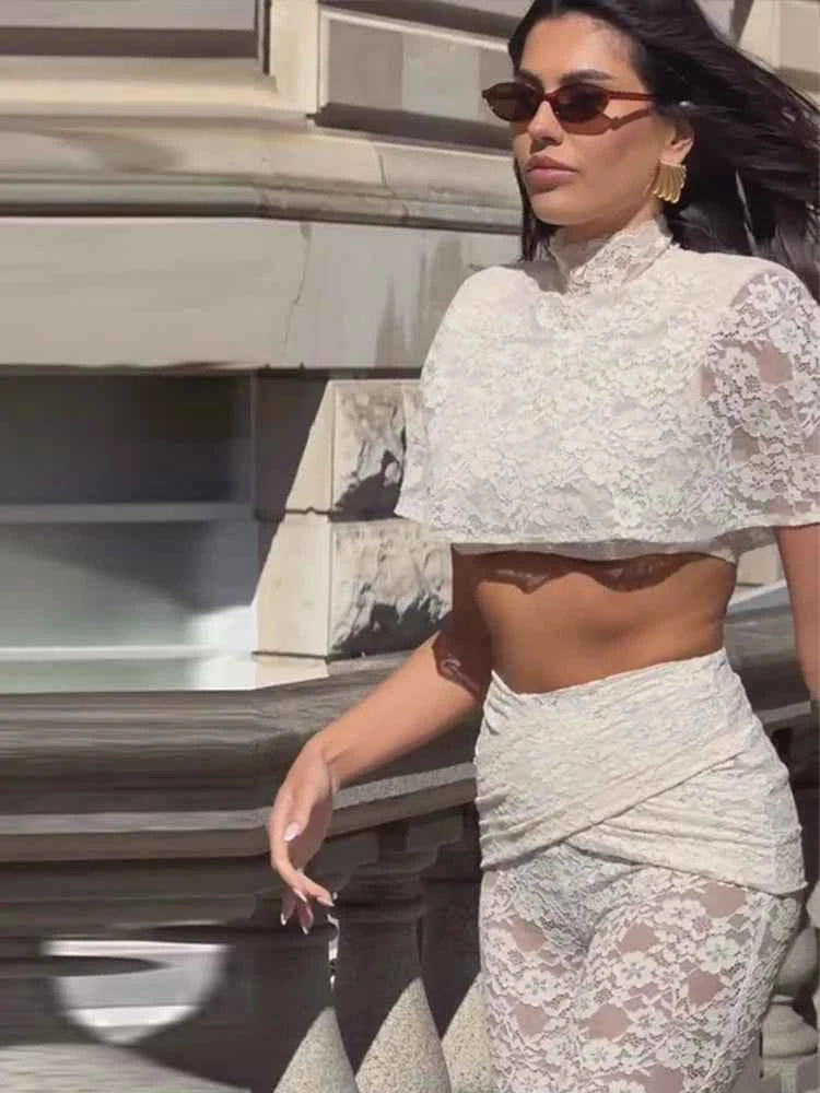 Women Floral Sheer Top Lace Two Piece Set High Neck Cape Sleeve Cropped High Waist Pants See-Through Flared Trousers Summer Wear
