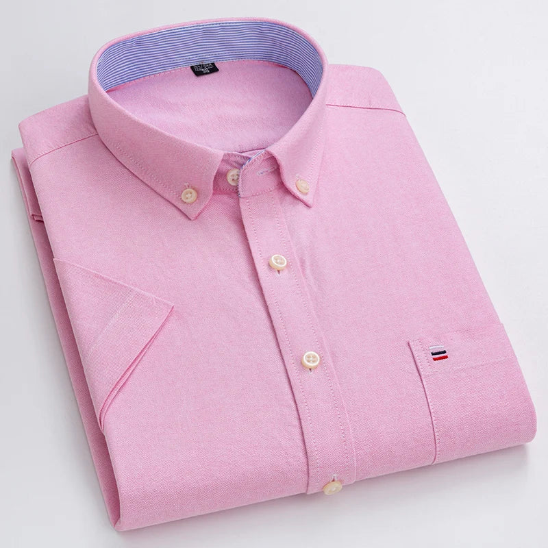Men's Pure Cotton Oxford Short Sleeve Summer Casual Shirts Comfortable Standard-fit Button-down Plaid Solid Color Cotton Shirt