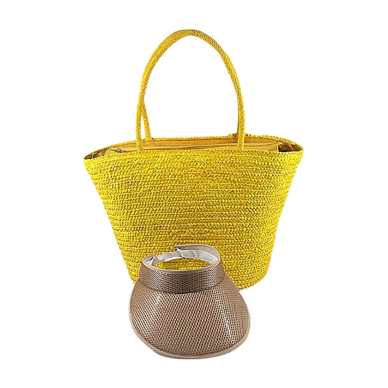 Yellow Beach Bag Kit and Visor Travel Straw Bag Large Fashion Tote