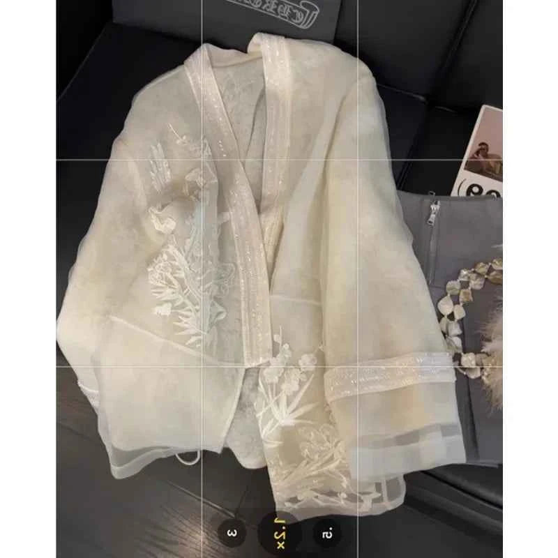 Fashion Chinese Style Embroidery Shirt Women's Mesh Fairy Gentle Style 2026 New Gentleman's Feelings Tops Shirt V-neck Pattern