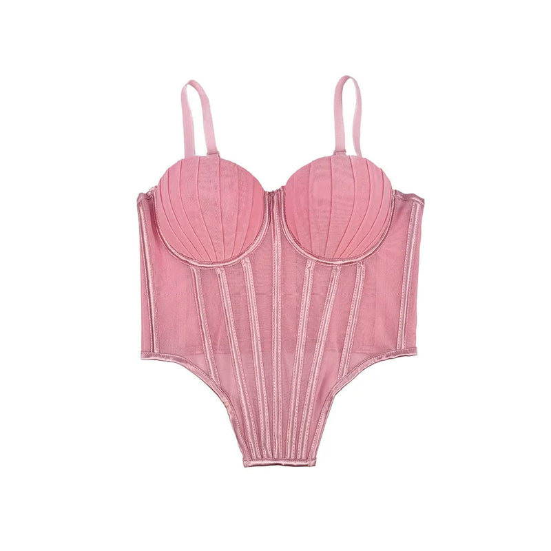 Corpete transparente de malha feminino, faixa espinha de peixe na cintura, corpete bustiê, tops sensuais