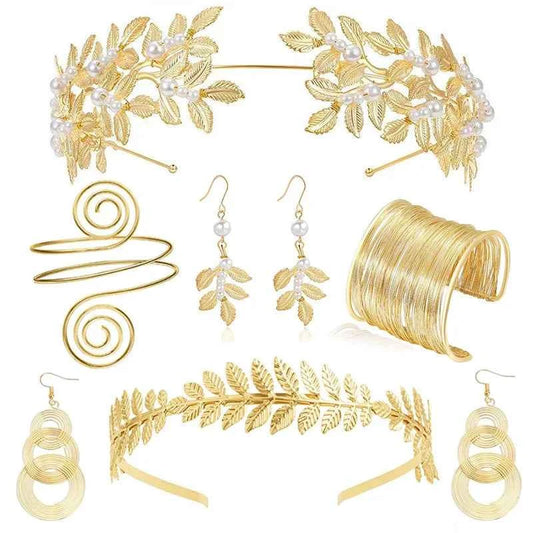 FTCY Vintage Greek Jewelry Set for Women Gold Color Bracelets Earrings Headwear Set Baroque Style Adjustable Women Jewelry Gifts