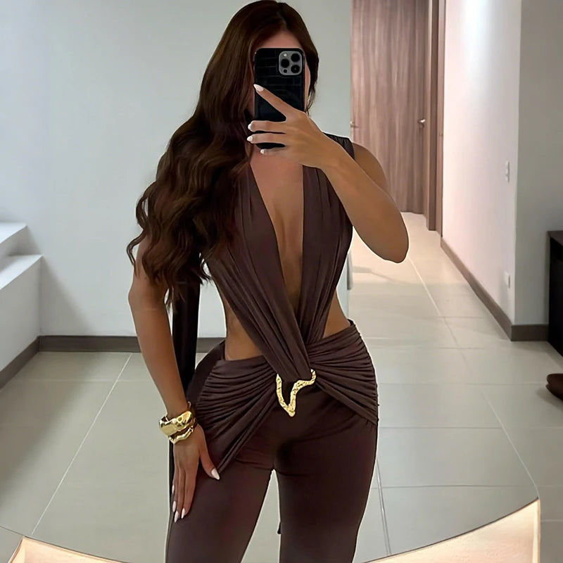 Women Ruched Sexy Metal Trim Jumpsuit Waistless Cross Hollow Bandage Coquette Midnight Workout Hipster Stretch Overalls