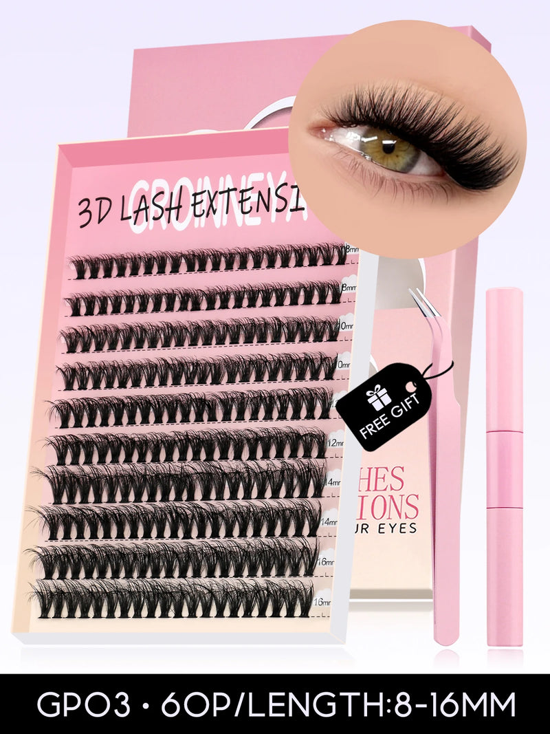 Kit de cílios postiços GROINNEYA faça você mesmo, cílios de manga de 10 a 18 mm, bandeja mista, conjuntos de cílios individuais, kit com cílios postiços faça você mesmo