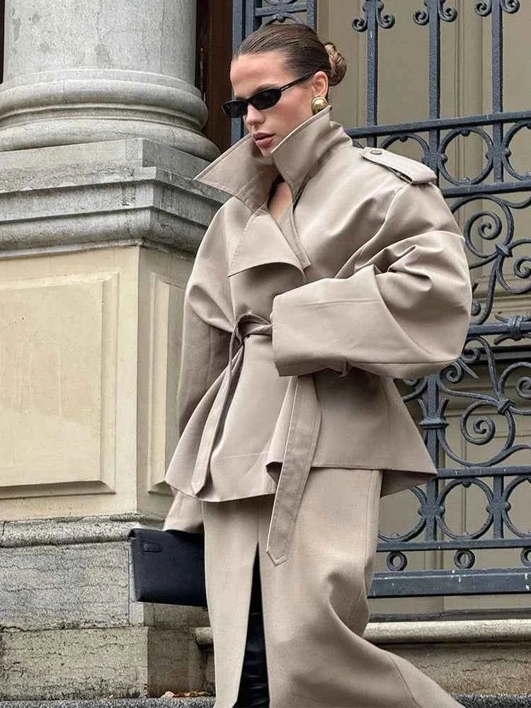 Women Lapel V-neck Belt Trench Coat Fashion Lace Up Full Sleeve Button Short Thin Windbreak 2025 New Lady Daily Street Outerwear