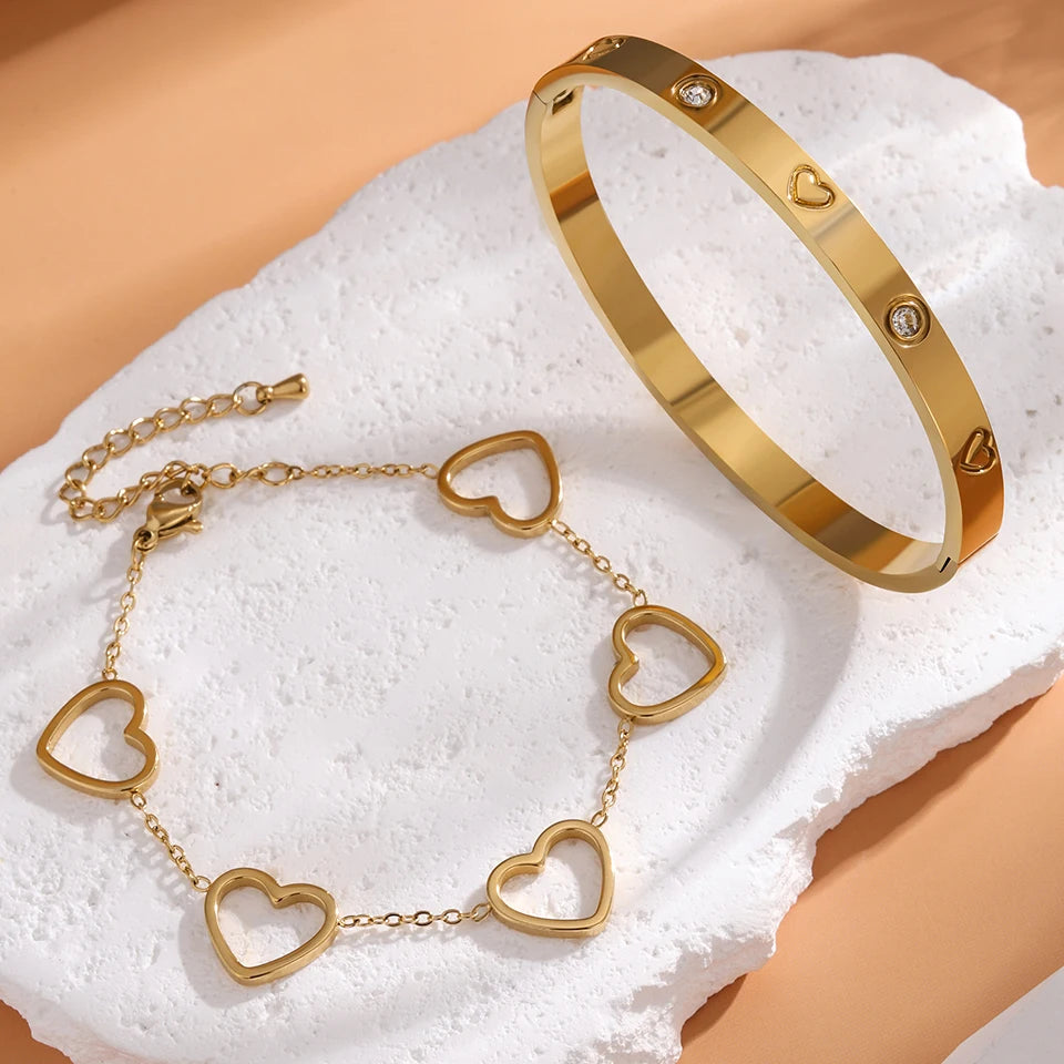 2Pcs Women's Lucky Clover And Heart Bracelet Set Stainless Steel Shiny Zircon Charm Party Jewelry Gift