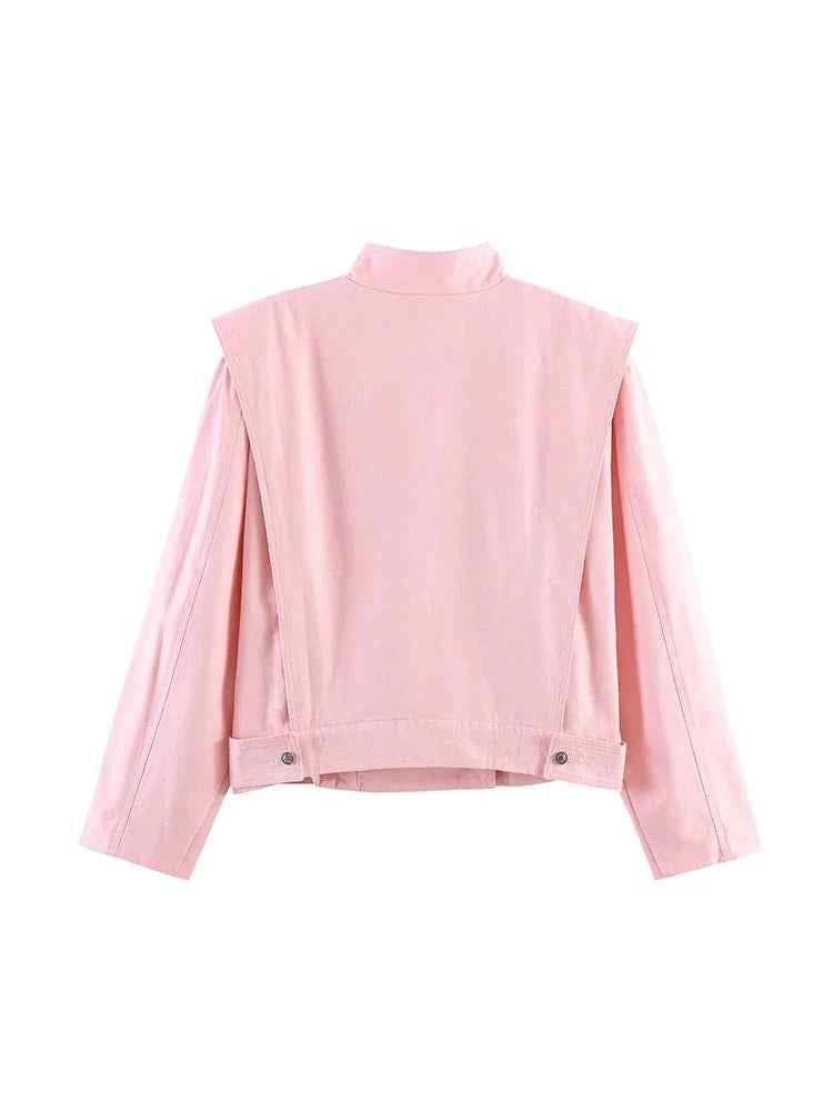 TFMLN Women Pink Stand-up Collar Jacket 2026 Trendy High Street Elegant Single-breasted Loose Coat Female Chic Outerwear ﻿