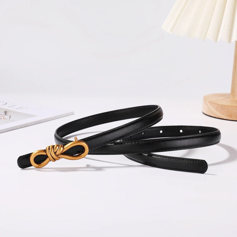 Korea Women Genuine Leather Knotted Thin Waist Belt Fashion Geometric Butterfly Gold Buckle Adjustable Corset Belt For Women