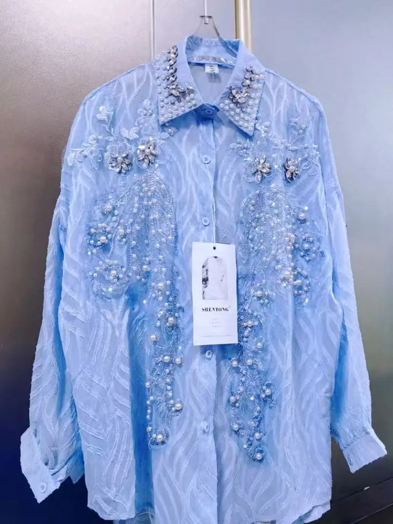 Luxury Pearls Beads Stitch Blue Blouses Shirts For Women 2025 Spring Summer New Fashion Trend Loose Casual Tops Blusas
