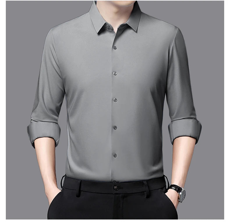 Camisa masculina premium ultraelástica - Camisa formal de manga comprida de seda de alta qualidade para uso social e casual