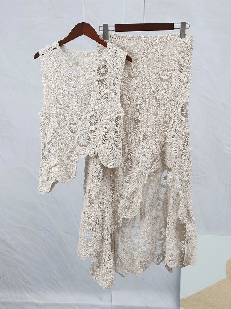 Crochet Knitted Asymmetric Women's Dress Set Chic O-neck Sleeveless Top Short Lining Skirt Suit 2023 Fashion Fairy Sweet Outfits