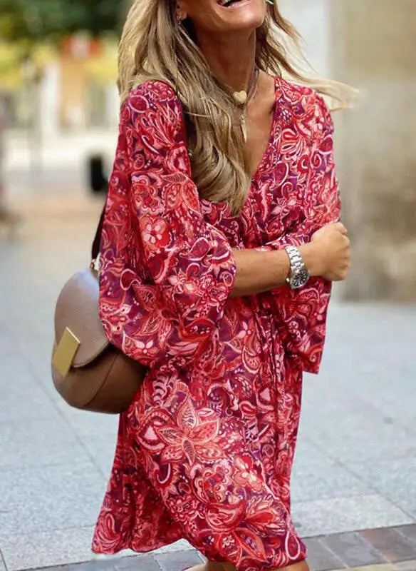Vestido feminino com estampa floral, vintage, para trabalho, decote em V, elegante, plissado, paisley, manga bufante, babados, vestido casual