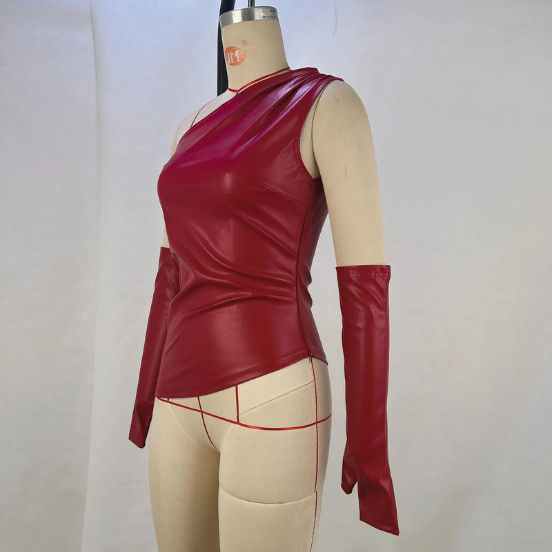 Camiseta regata de couro PU Gtpdpllt, gola diagonal, moda assimétrica, franzida com mangas, camiseta sexy de verão para mulheres, roupas Y2K