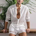 Conjunto de moda masculina vazado sexy renda shorts padrão estampa camisa duas peças ternos moda elegante