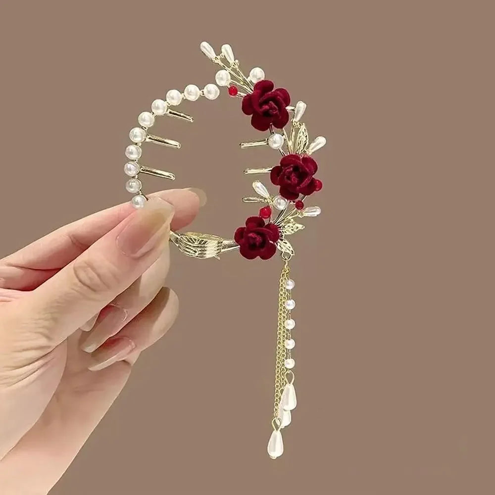 Chinese Style Flower Tassel Hair Bun Buckle High Ponytail Buckle Pearl Chain Pan Hair Claw Clip Fashion Lovely Alloy Headwear
