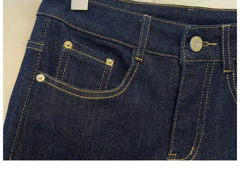 High-End Women's Straight Leg Jeans Loose Fit Spring Season Roll up Capri High Waist Denim Blue Flip  Thermal Regulation