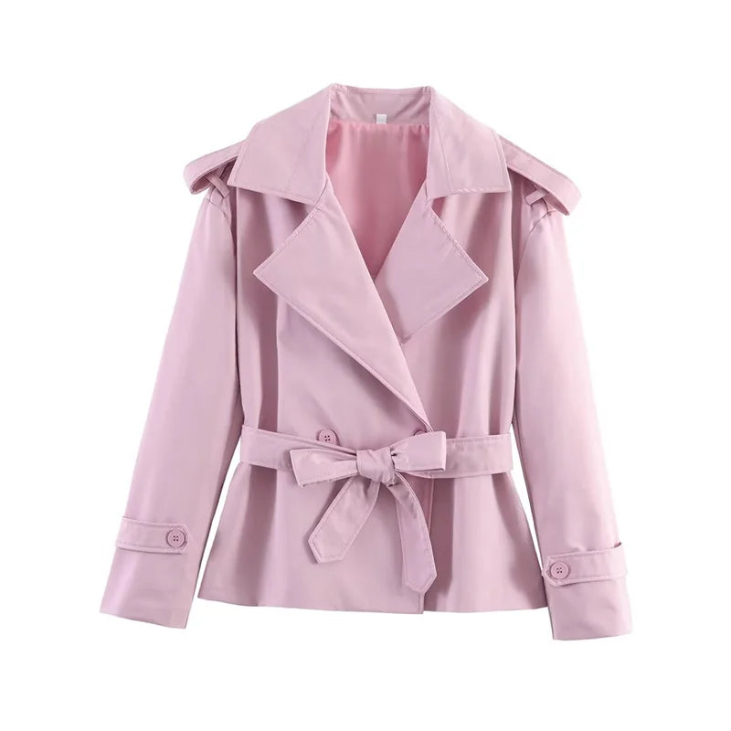 Women's Coat 2026 Spring New Style Solid Color Long Sleeve Belted Short Trench Coat European and American Personalized Fashion