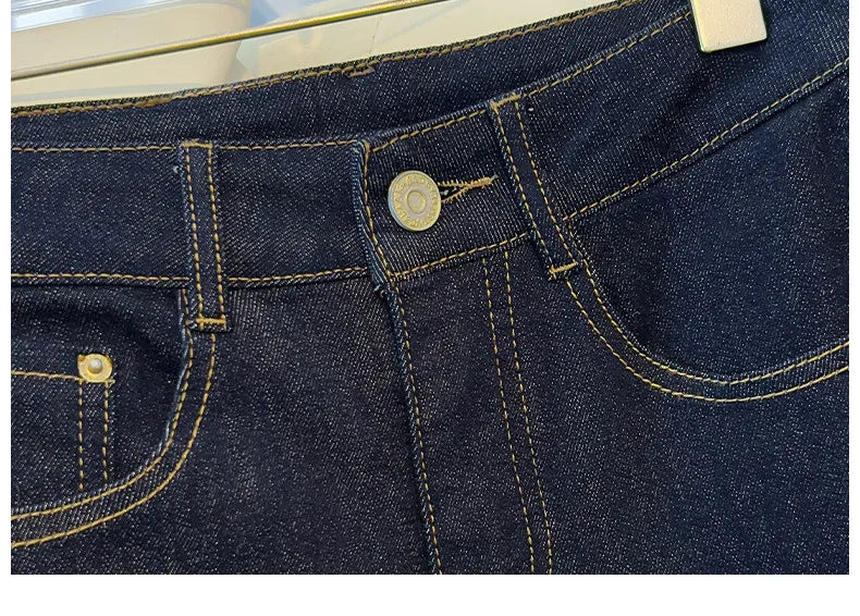 High-End Women's Straight Leg Jeans Loose Fit Spring Season Roll up Capri High Waist Denim Blue Flip  Thermal Regulation