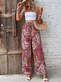 Calças de cintura alta com estampa da moda, pernas largas, primavera-verão, roupas femininas, calças casuais soltas, faixas elásticas, estilo boho, calças de praia
