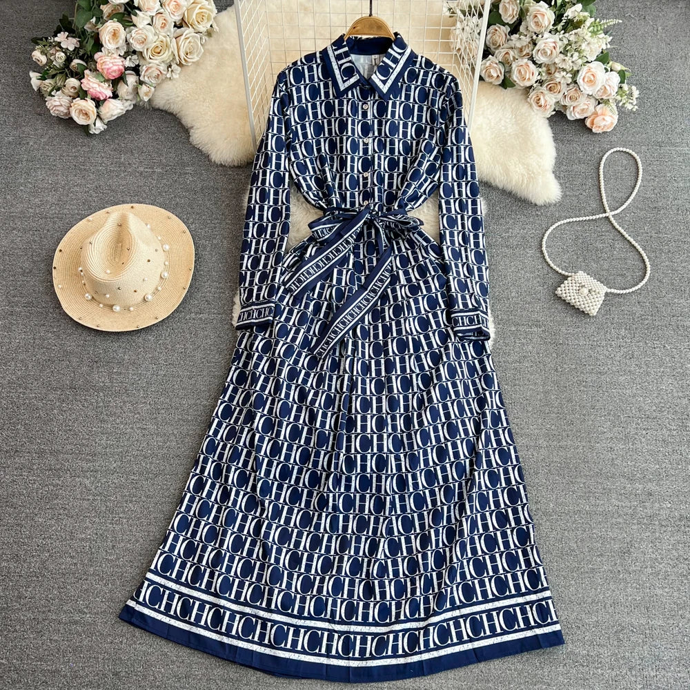 Elegant Retro Long Sleeve Print Shirt Dress Slimming A-Line High Waist Spring Autumn Korean Style Women's City Commute Dress