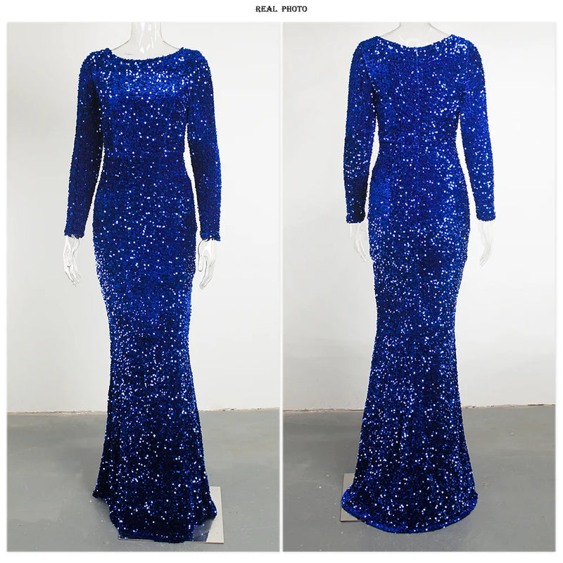 Romagic Elegant Women Modest Stretch Sequin Royal Blue Wedding Prom Gown Long Sleeves Mermaid Formal Evening Party Dress 2025