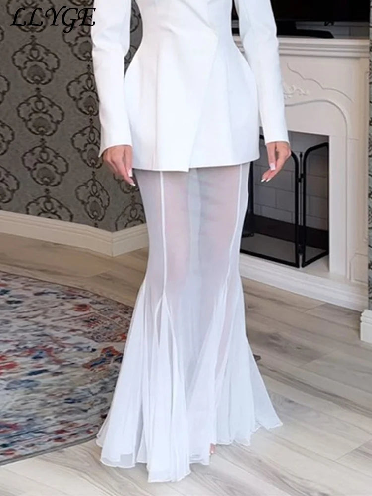 Conjunto elegante de blazer e saia sólida feminino, slim, com um botão, jaqueta plissada, transparente, saia rabo de peixe