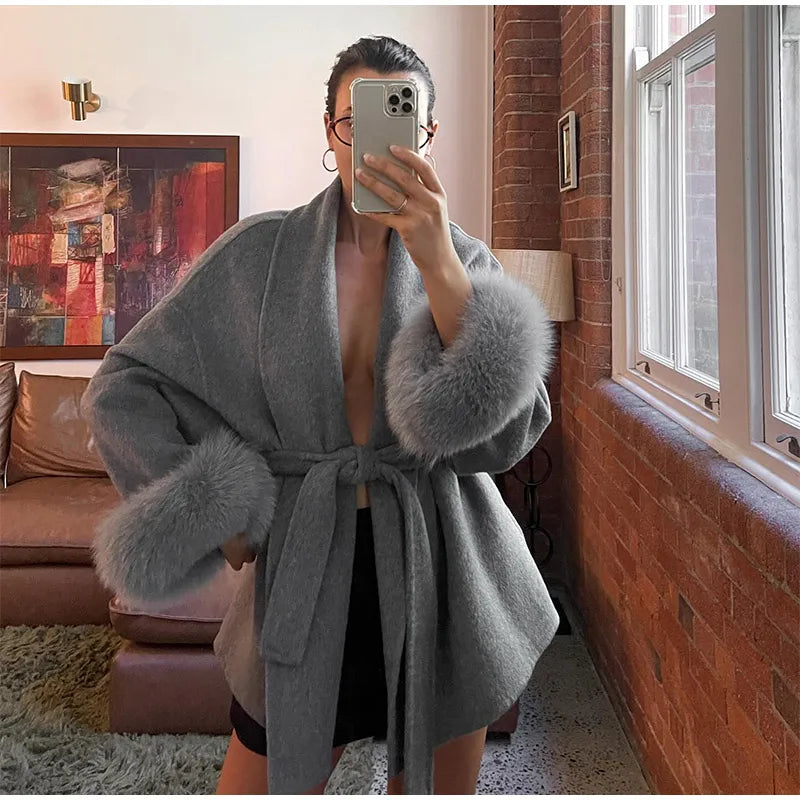 Solid Lace Up Faux Fur Sleeve Jacket Woman Elegant Mid-length V-neck Woolen Blend Coat Autumn Casual Fashion Scarf Outwear 2025