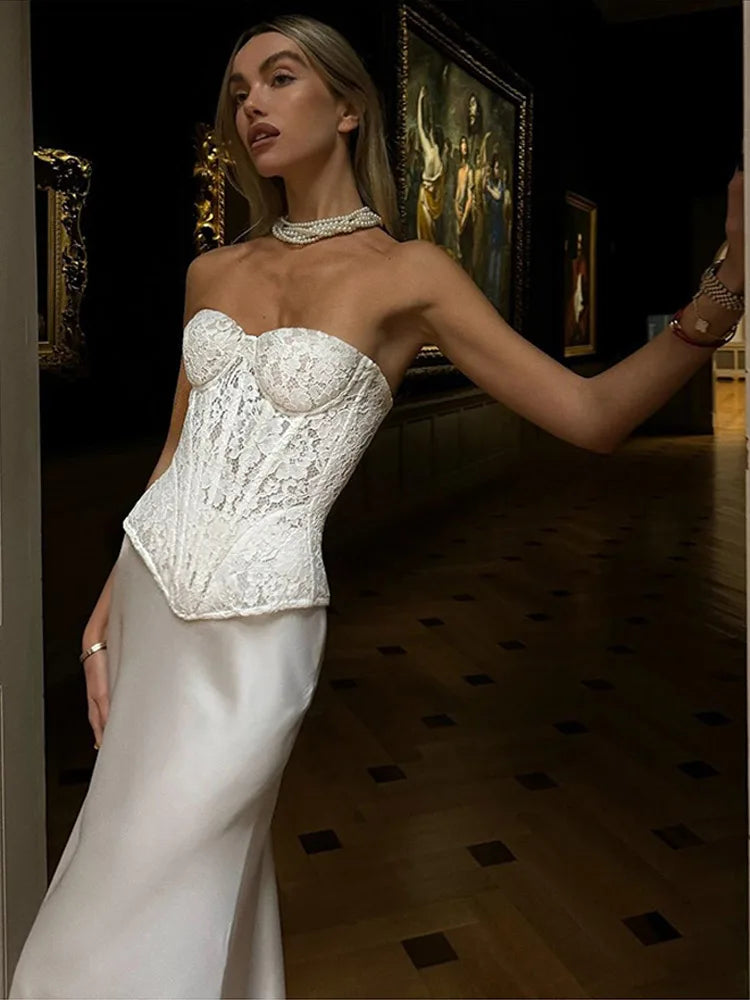 Conjuntos elegantes de renda e cetim com top e saia longa femininos, blusa justa e ombro de fora, robes femininos para festa de verão e noite