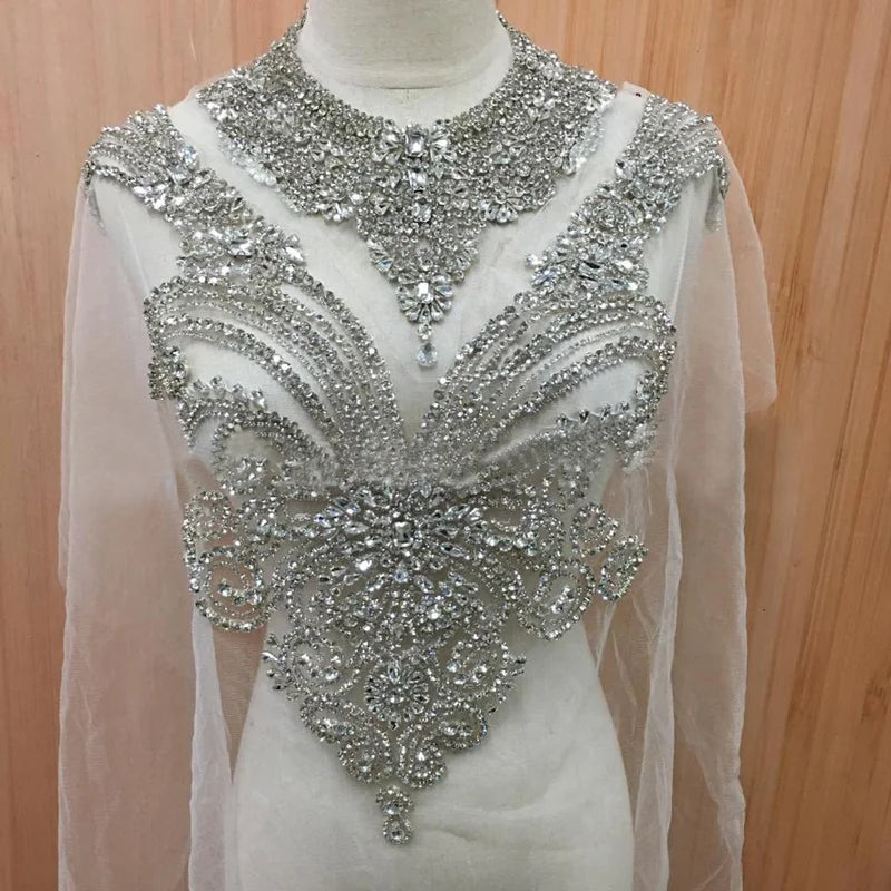 1 peça apliques de strass prateados remendos de contas colarinho costurado em vestido de noiva acessórios para decoração de roupas