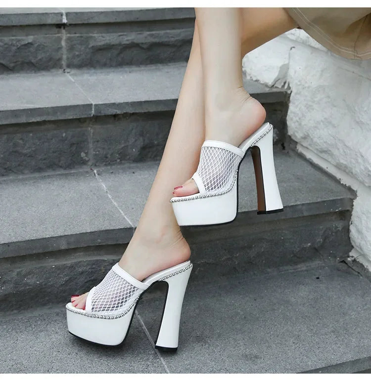 Women Mesh Lace Sandals  Summer Sexy High Heels Platform Slippers Ladies Fashion Bright Leather Comfort Open Toe Sandals