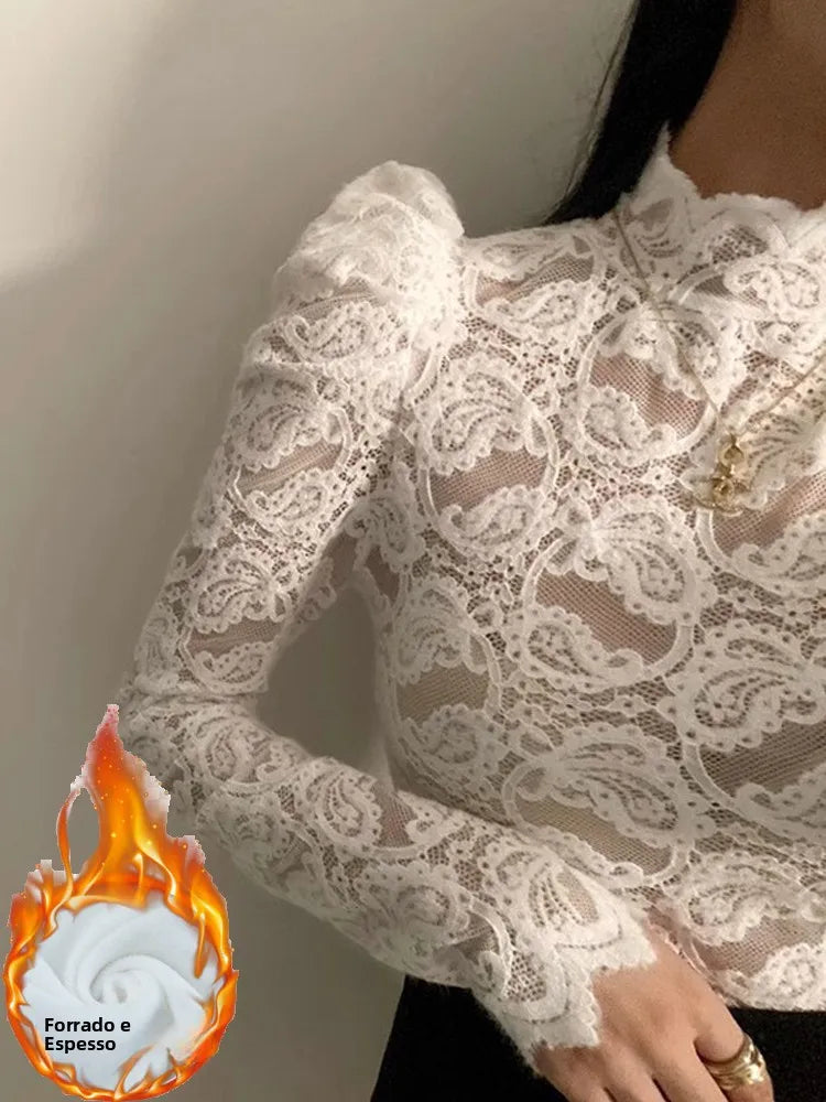 Fleece Lined Lace Base Shirt Women's Autumn Winter Hollow out Mesh Top Trendy Commute Style High Neck Long Sleeve  Color