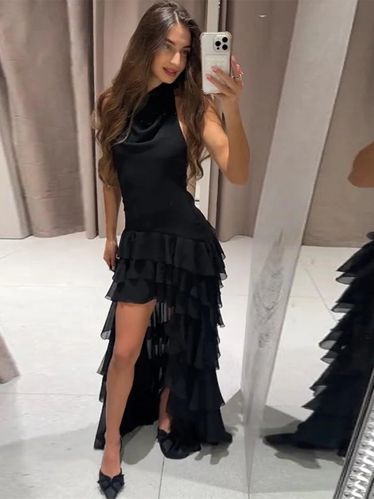 Vestido de festa elegante com babados, sexy, sem costas, sem mangas, estilo halter, para mulheres, verão 2025, chique, bainha irregular, preto, robe feminino