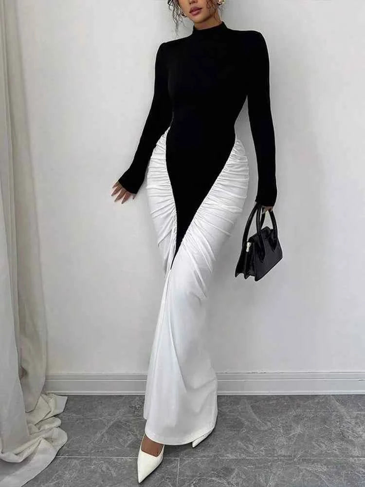 Sisterlinda Ruched Patchwork Dress Women Full Sleeve Color Block Peach Hip Elegant Sexy Simple Evening Stretch Skinny Bodycon