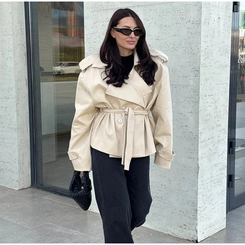 Women's Coat 2026 Spring New Style Solid Color Long Sleeve Belted Short Trench Coat European and American Personalized Fashion