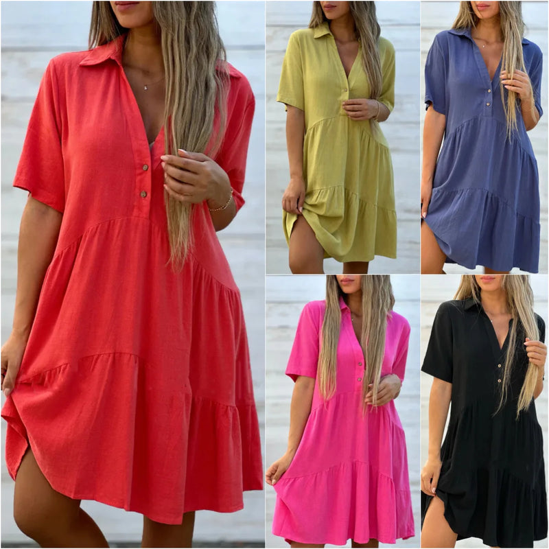 Vestido casual com lapela e babados, linha A, para férias na praia, solto, liso, de algodão e linho, manga curta