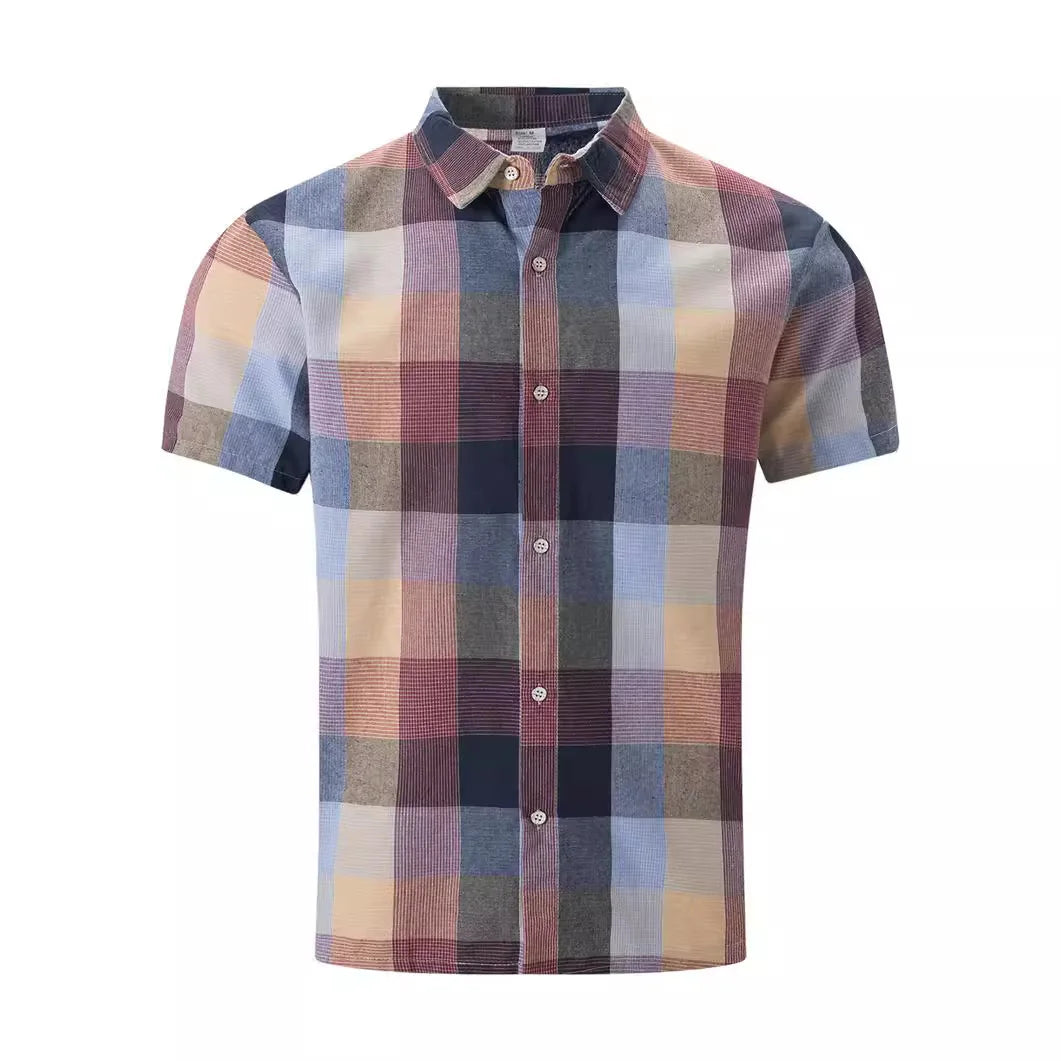 2024 Cross Border Amazon Summer New Plaid Shirt Summer Men's Short Sleeve Lapel Youth Casual Short Sleeve Men's Shirt
