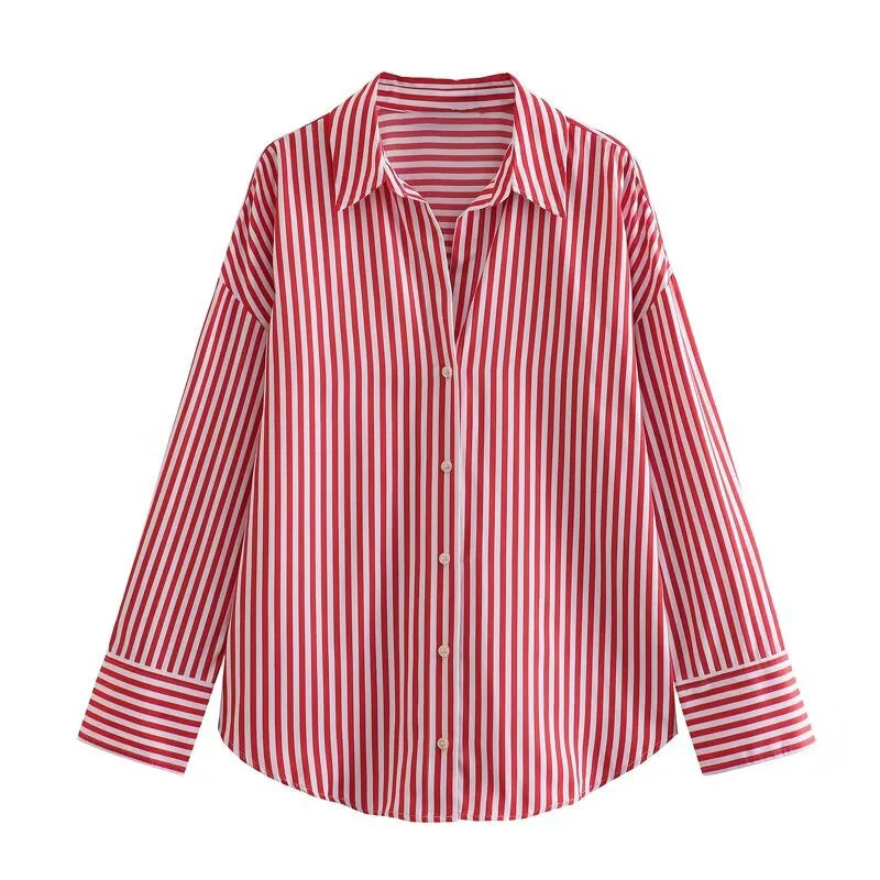 ETJ 2025 women's spring new Europe-American fashion striped long sleeve lapel loose version poplin shirt multi-color selection
