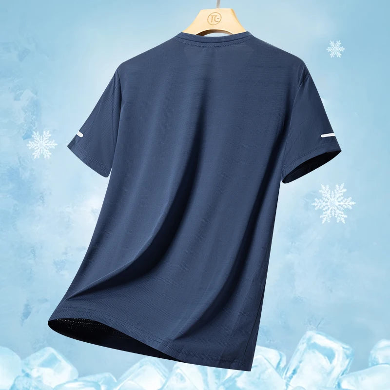 Camiseta masculina de manga curta, de seda gelada, de secagem rápida, para o verão, ideal para corrida ao ar livre, fitness e esportes.