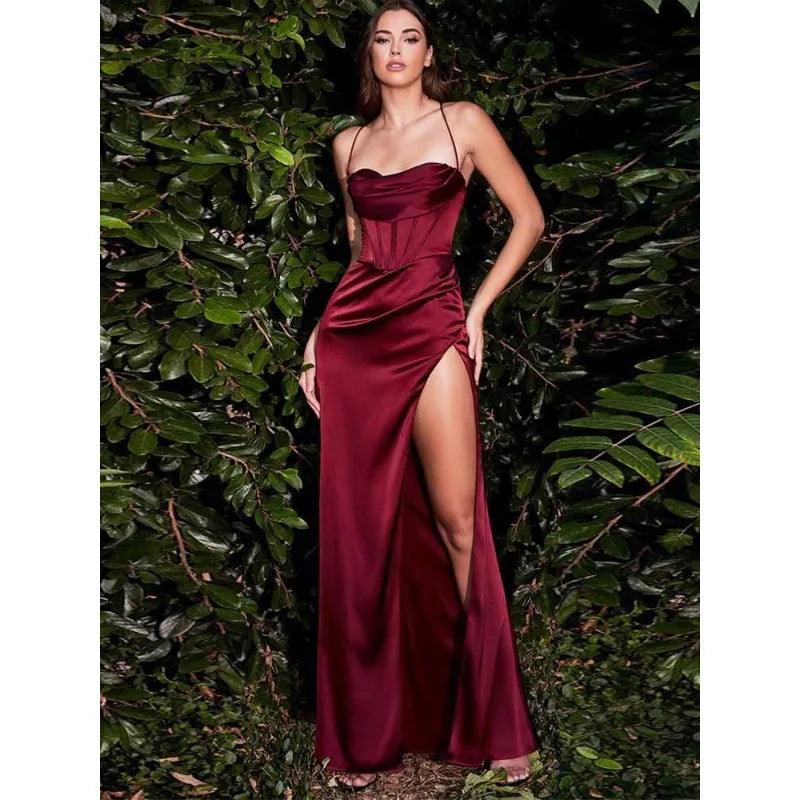 Sexy cintura alta fenda vestido de noite feminino moda sem costas magro vestidos de formatura sólido longo elegante vestidos de festa 2024 - CRAVO ROSE